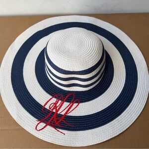 Ralph Lauren Wide Brim Straw Sun Hat with Navy Stripes and Red Monogram